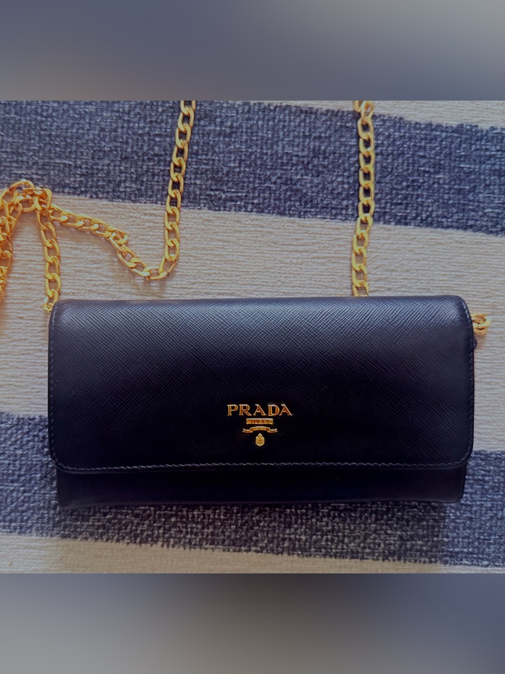 Prada Black Leather Logo Wallet with Gold Emblem